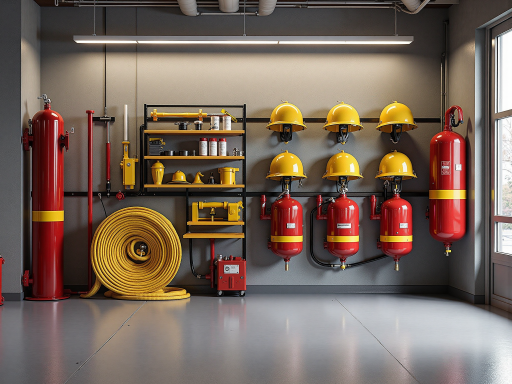 各类家居安全设备整齐摆放，包括防滑垫、扶手、紧急呼叫器等居家安全保障用品